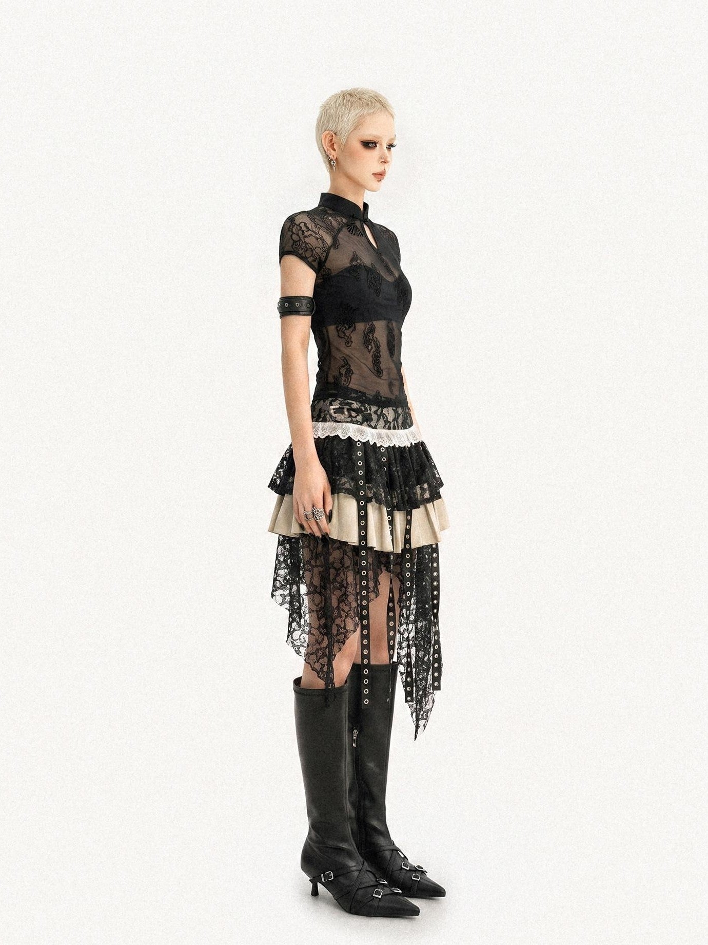 Nico Molly Black Gothic Lace Splice Stand Collar Women's Lace Short Sleeve T-shirts