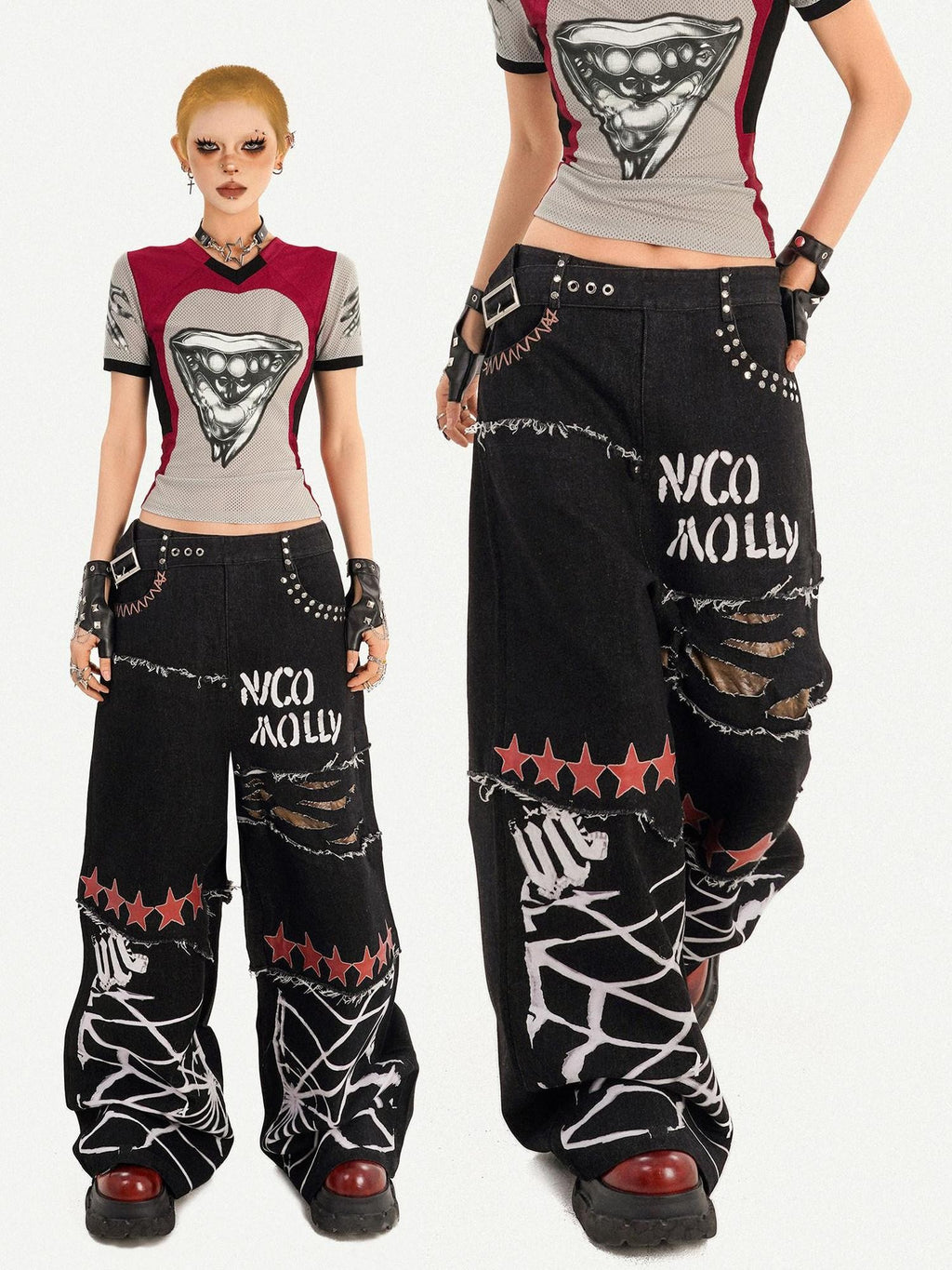 Nico Molly Black Graffiti Distressed Ripped Loose Fit Women's Wide-leg Jeans