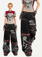 Nico Molly Black Graffiti Distressed Ripped Loose Fit Women's Wide-leg Jeans