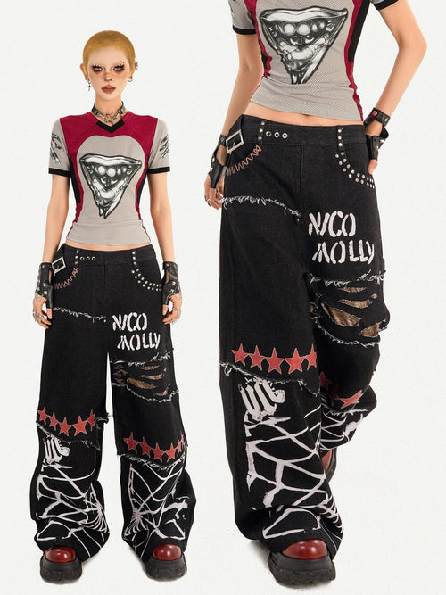 Nico Molly Black Graffiti Distressed Ripped Loose Fit Women's Wide-leg Jeans