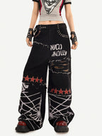 Nico Molly Black Graffiti Distressed Ripped Loose Fit Women's Wide-leg Jeans