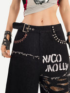Nico Molly Black Graffiti Distressed Ripped Loose Fit Women's Wide-leg Jeans