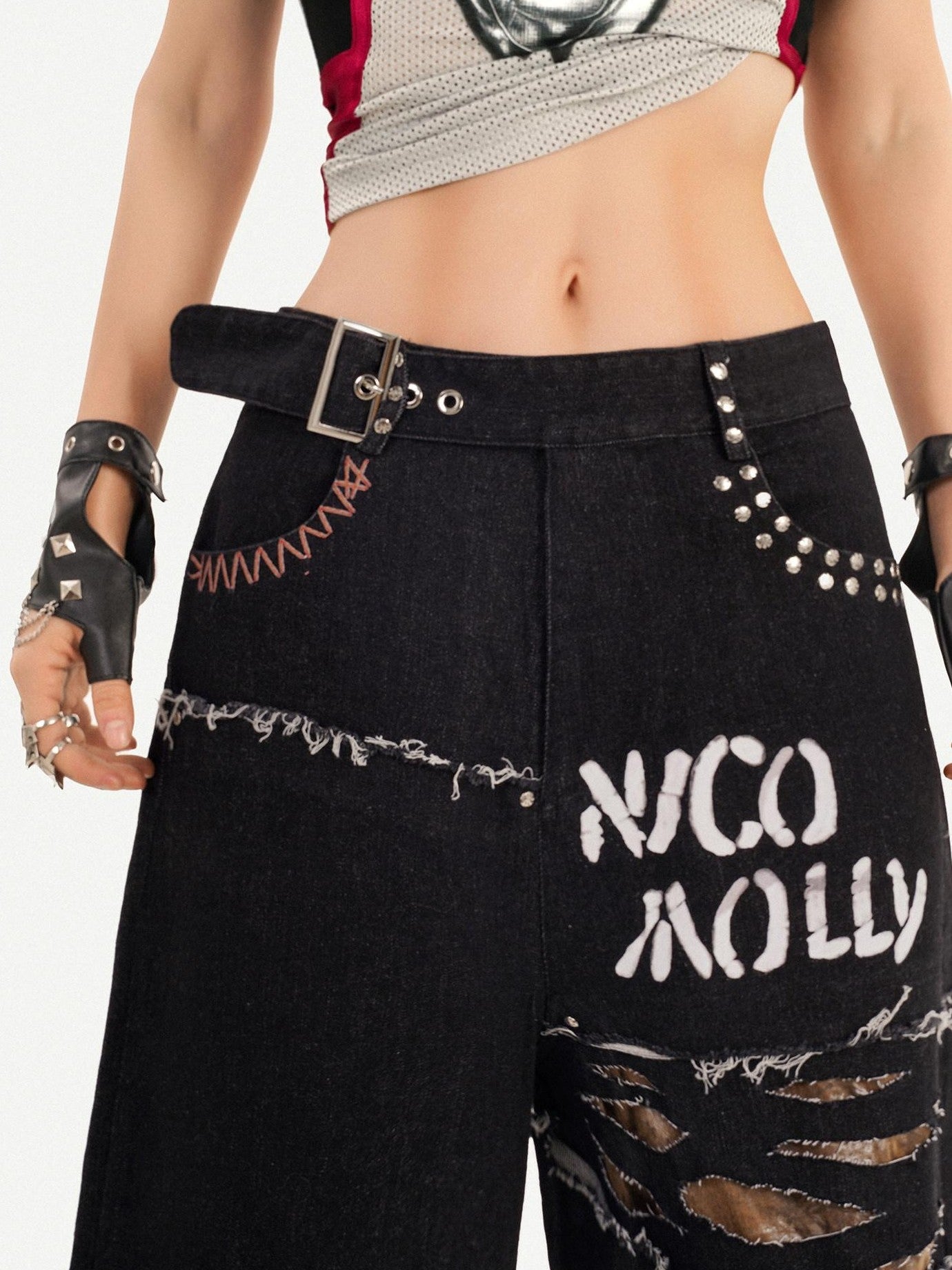Nico Molly Black Graffiti Distressed Ripped Loose Fit Women's Wide-leg Jeans