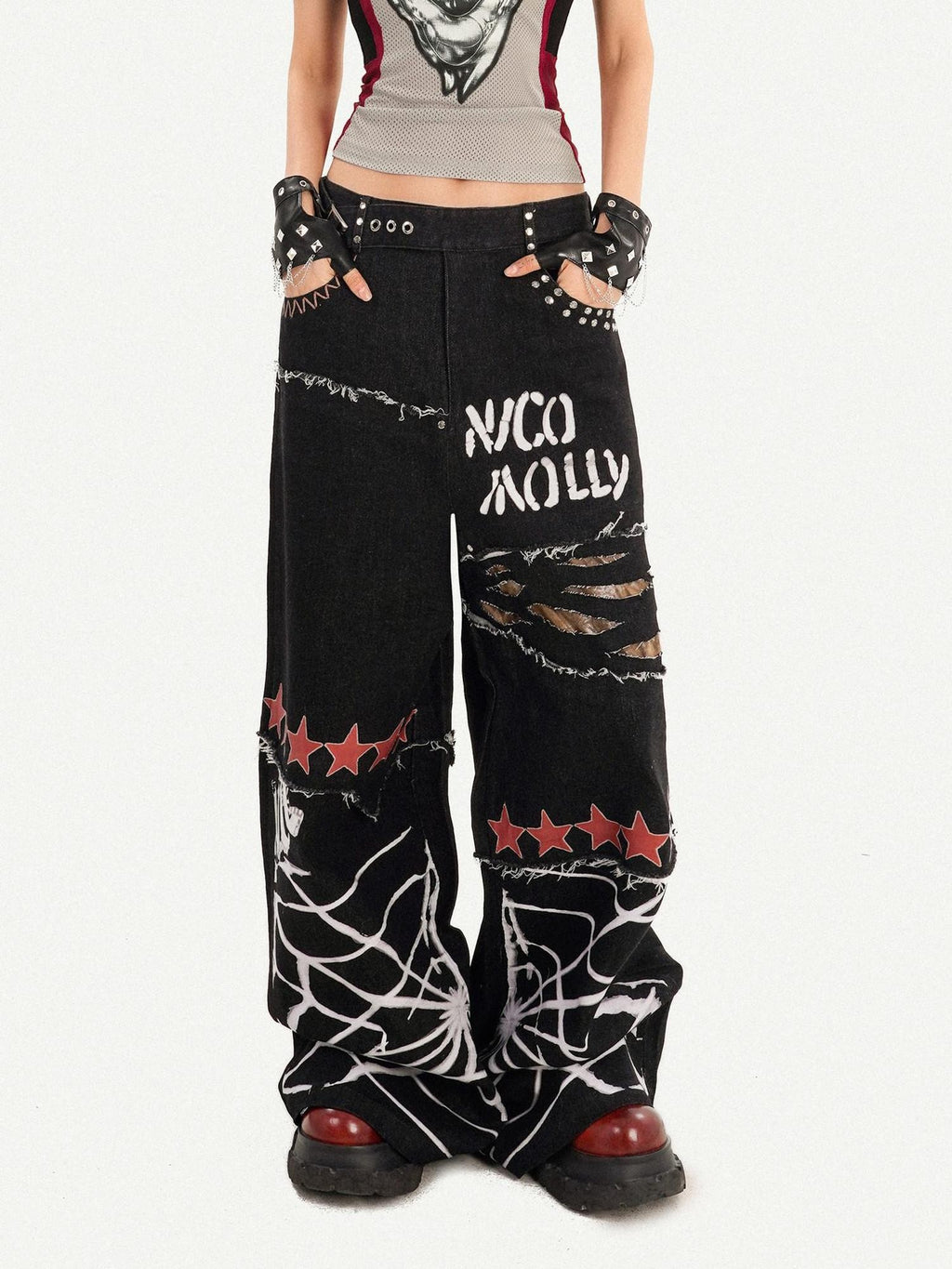 Nico Molly Black Graffiti Distressed Ripped Loose Fit Women's Wide-leg Jeans