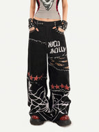 Nico Molly Black Graffiti Distressed Ripped Loose Fit Women's Wide-leg Jeans