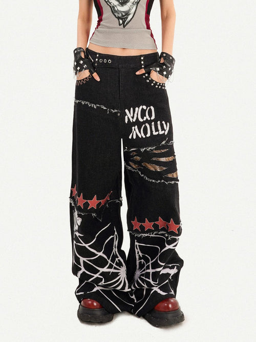 Nico Molly Black Graffiti Distressed Ripped Loose Fit Women's Wide-leg Jeans