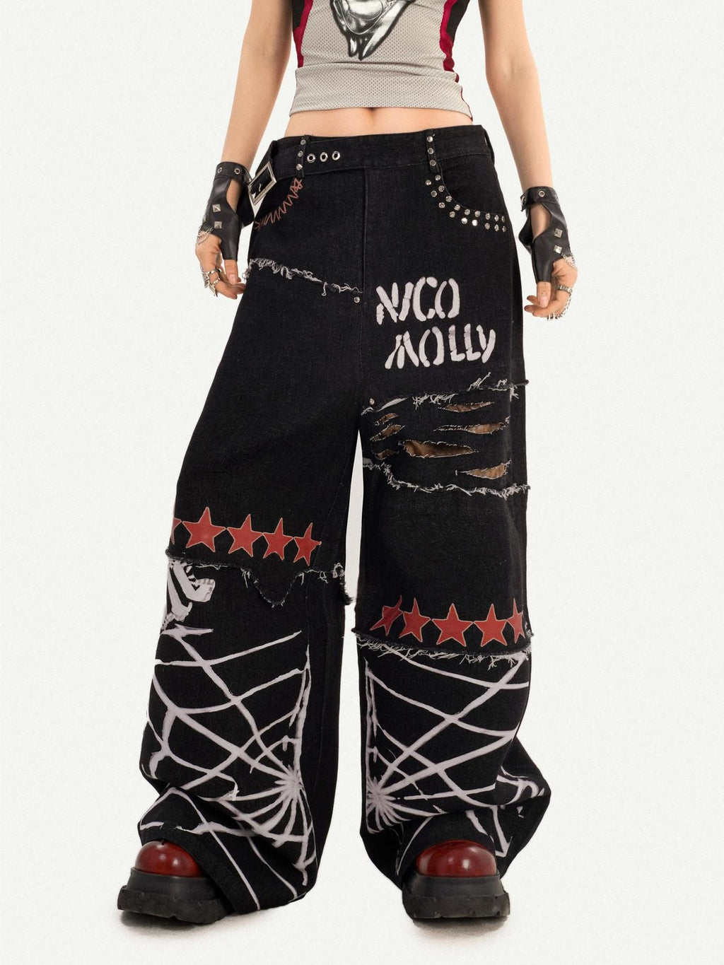 Nico Molly Black Graffiti Distressed Ripped Loose Fit Women's Wide-leg Jeans