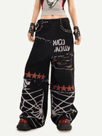 Nico Molly Black Graffiti Distressed Ripped Loose Fit Women's Wide-leg Jeans