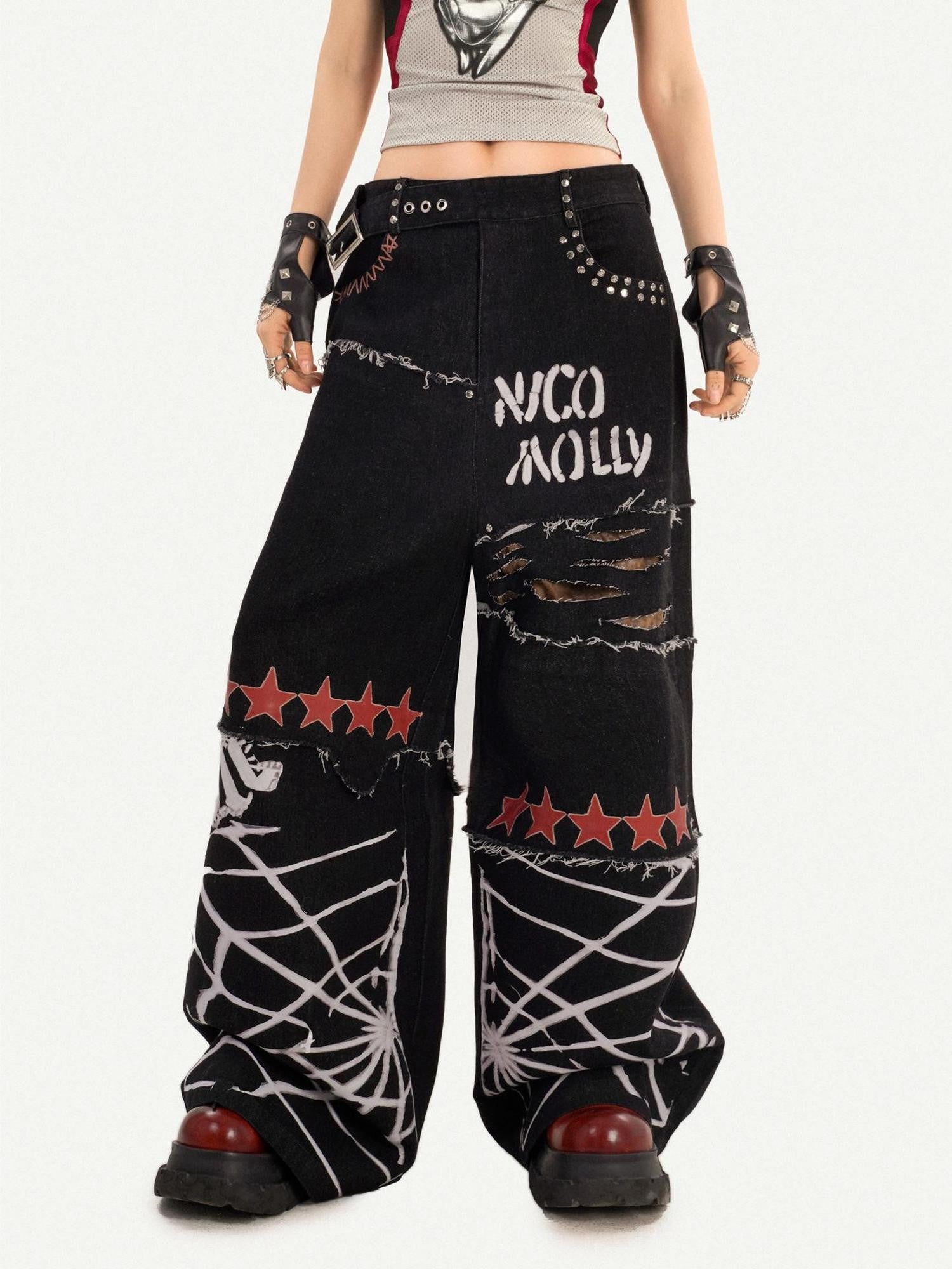 Nico Molly Black Graffiti Distressed Ripped Loose Fit Women's Wide-leg Jeans