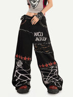 Nico Molly Black Graffiti Distressed Ripped Loose Fit Women's Wide-leg Jeans
