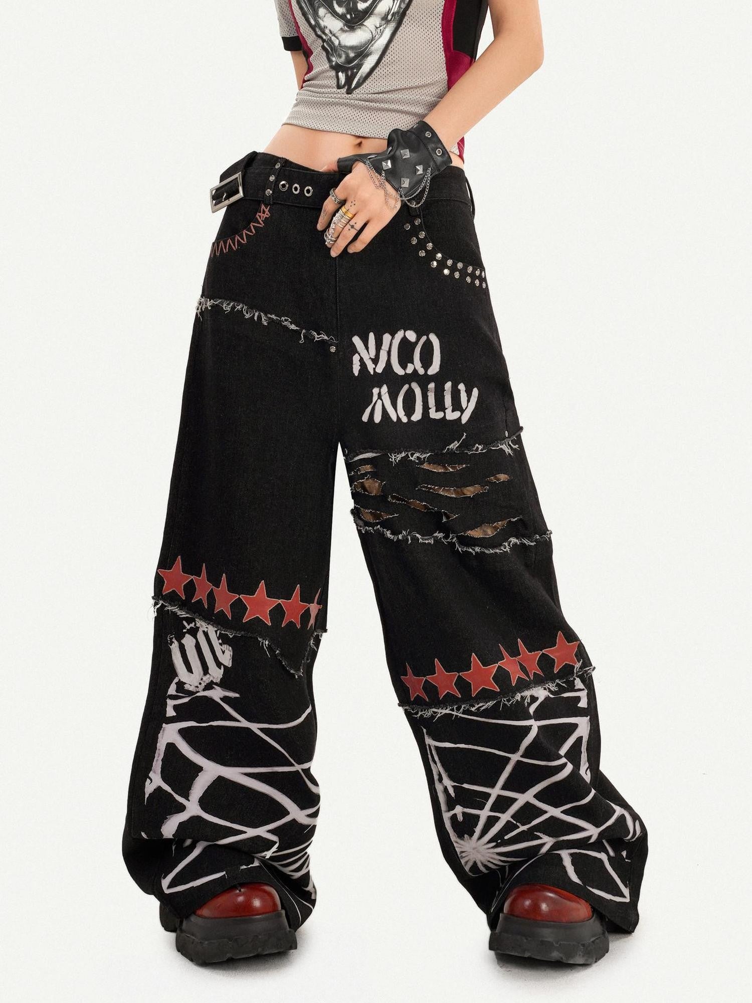 Nico Molly Black Graffiti Distressed Ripped Loose Fit Women's Wide-leg Jeans
