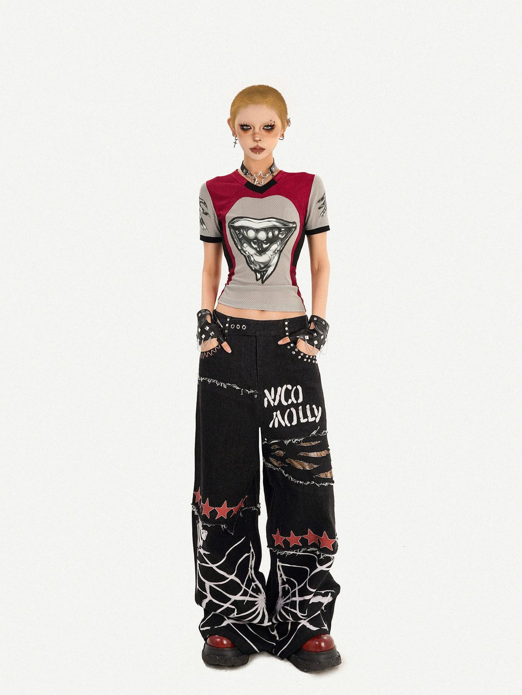 Nico Molly Black Graffiti Distressed Ripped Loose Fit Women's Wide-leg Jeans