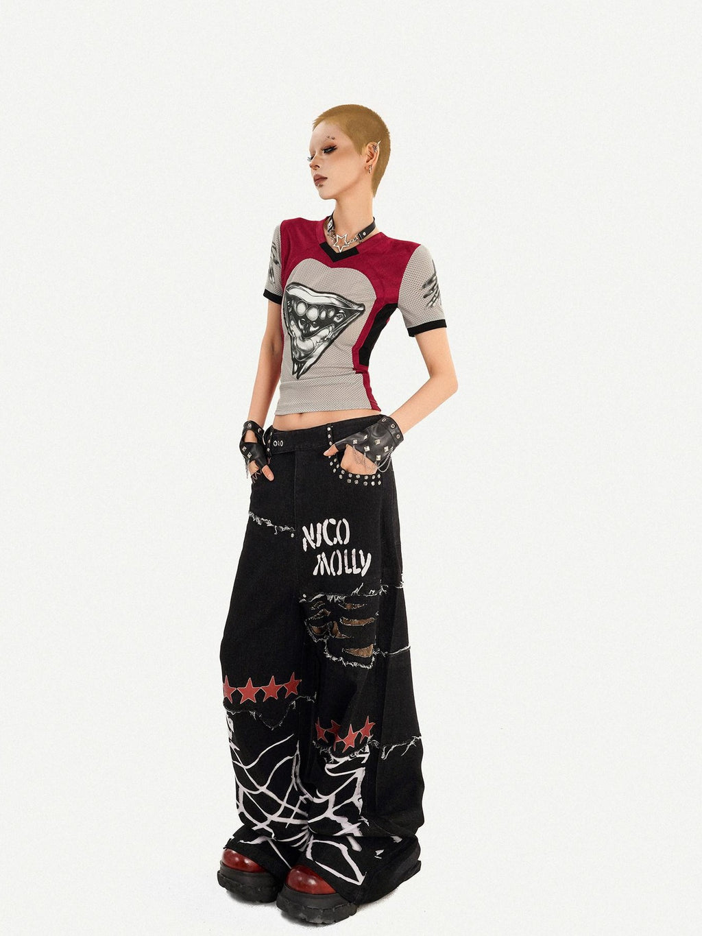 Nico Molly Black Graffiti Distressed Ripped Loose Fit Women's Wide-leg Jeans