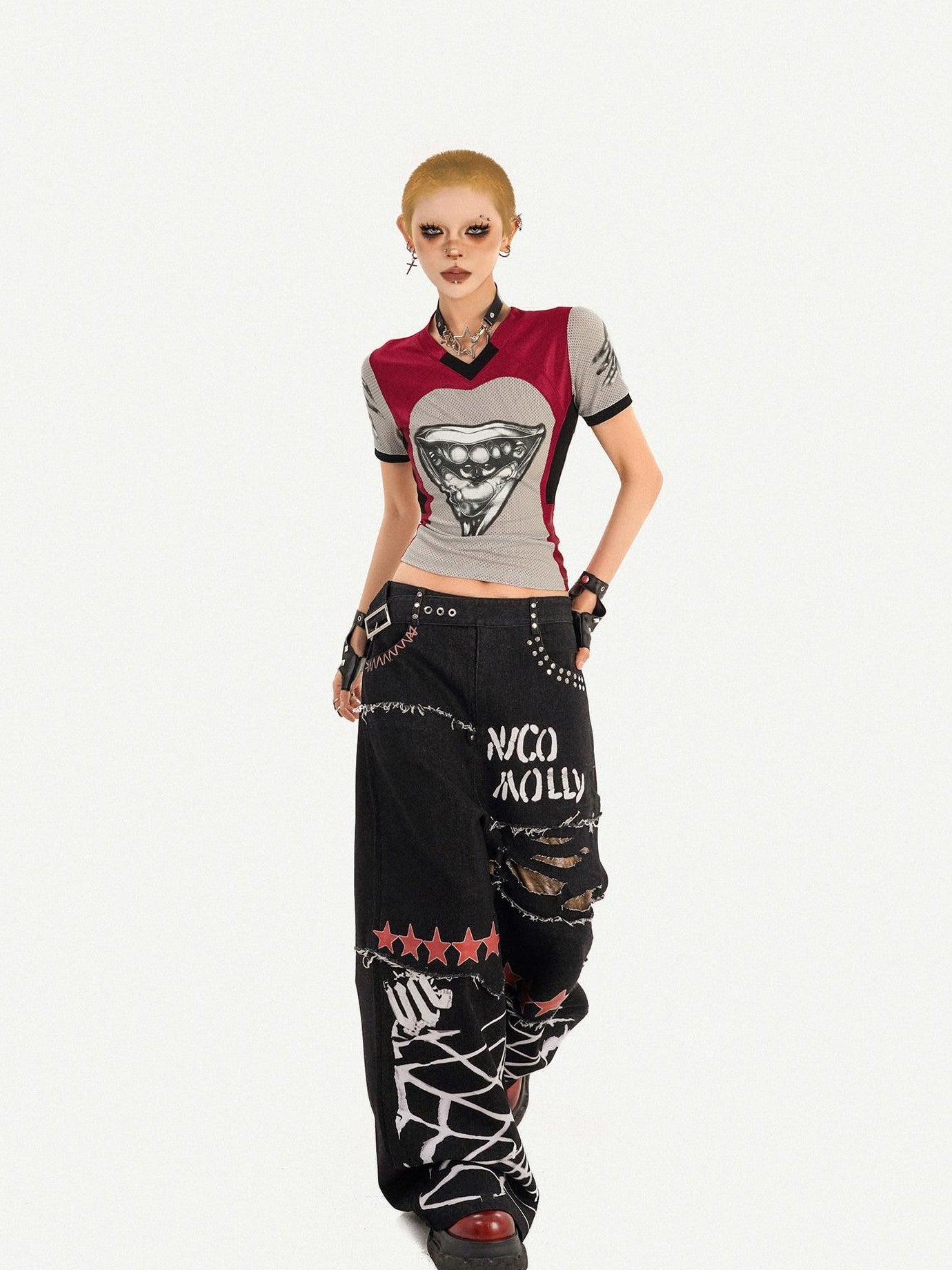 Nico Molly Black Graffiti Distressed Ripped Loose Fit Women's Wide-leg Jeans