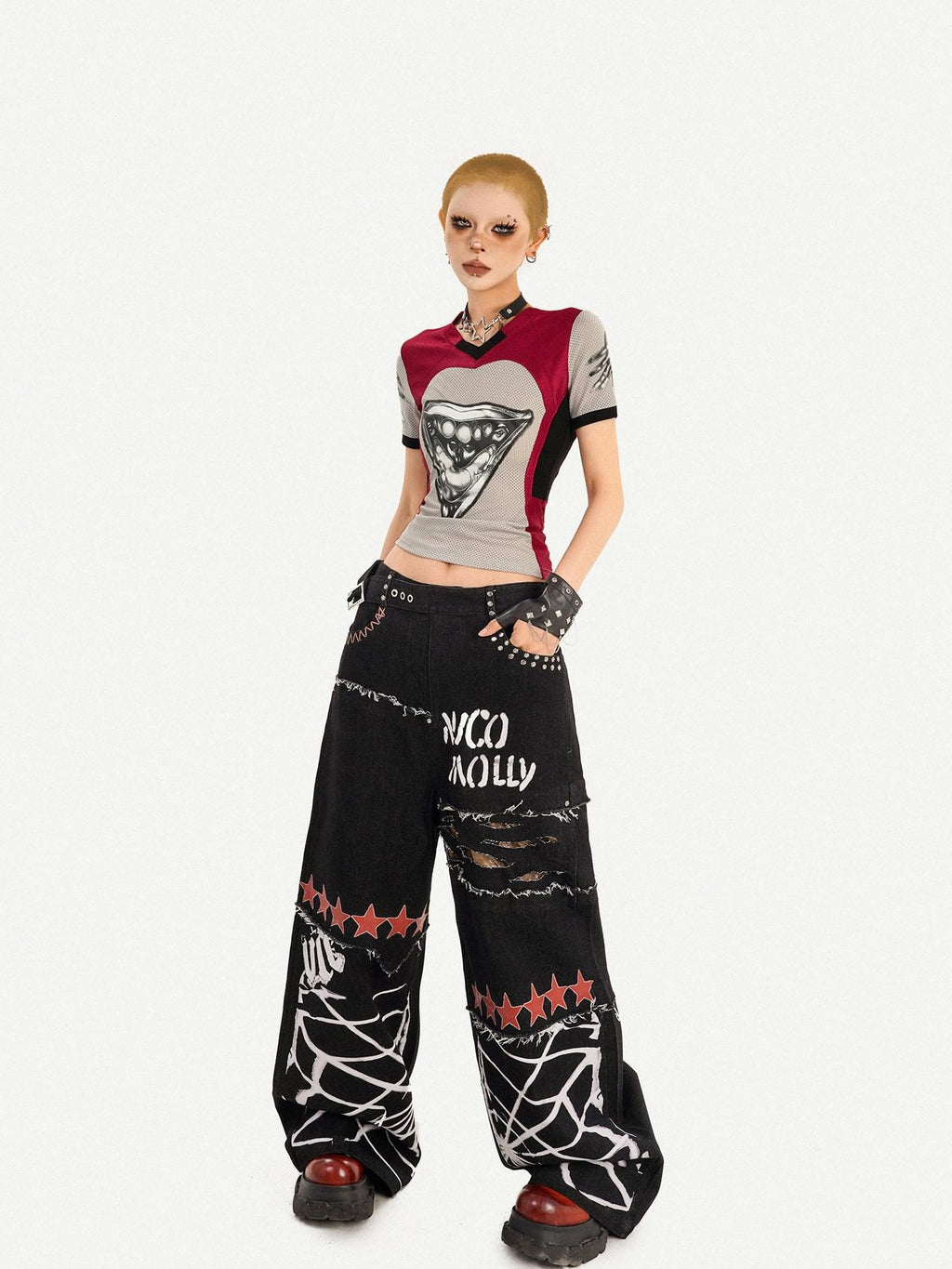 Nico Molly Black Graffiti Distressed Ripped Loose Fit Women's Wide-leg Jeans