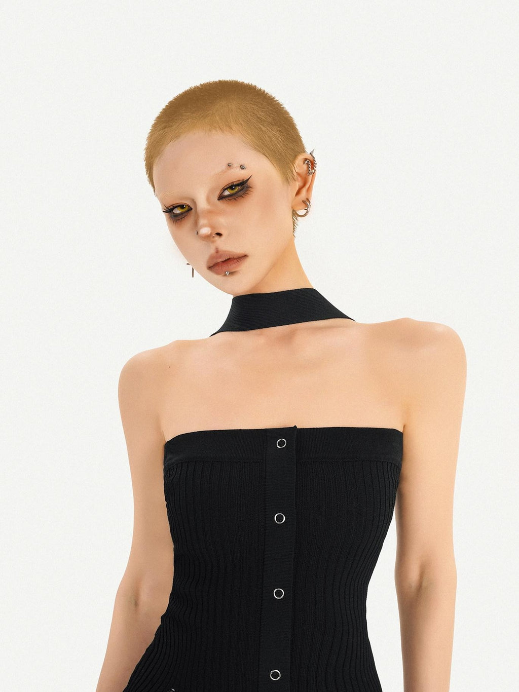 Nico Molly Black Halter Neck Slim Fitted Women's Knit Tube Tops / Bandeaus
