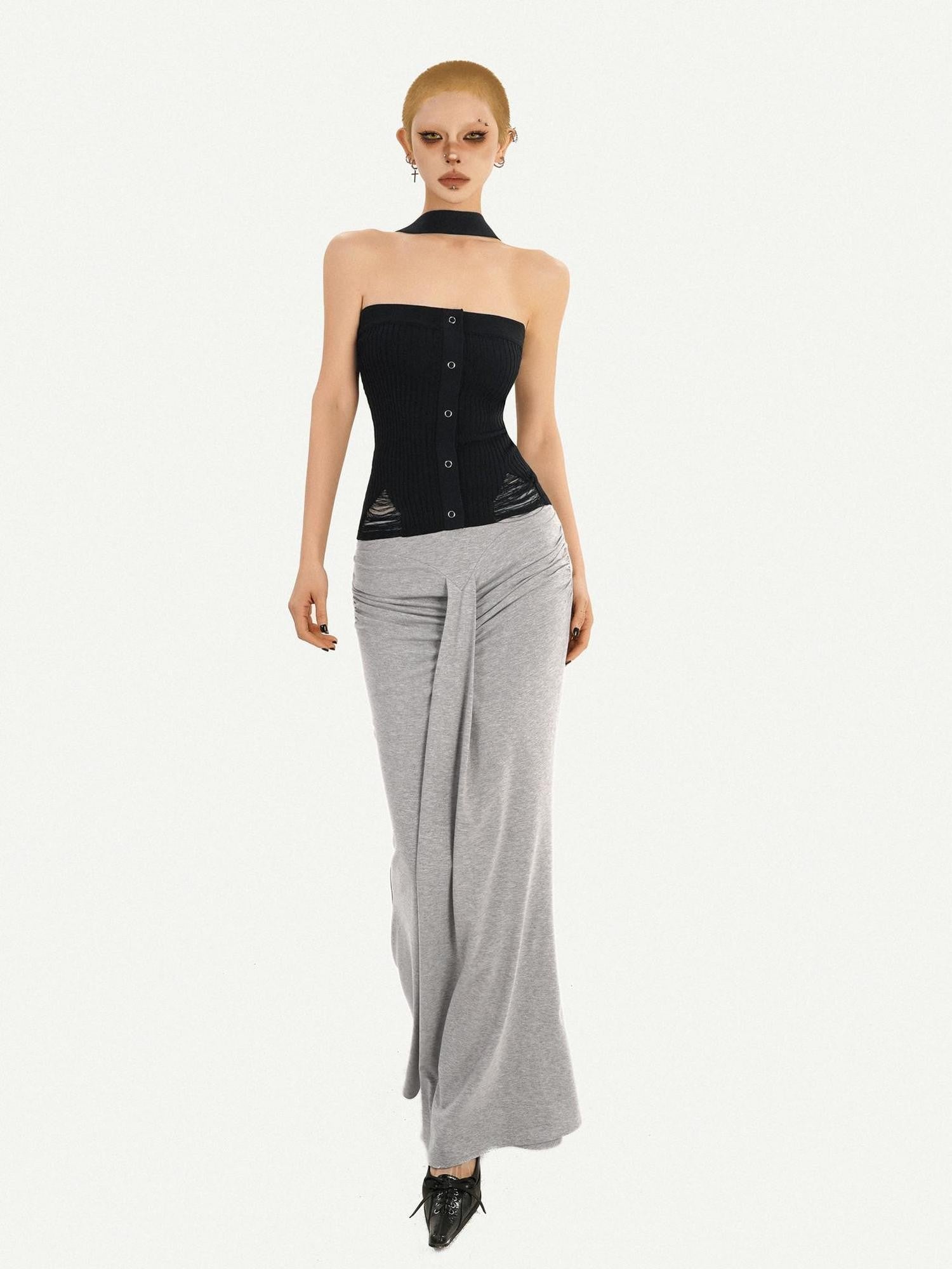 Nico Molly Black Halter Neck Slim Fitted Women's Knit Tube Tops / Bandeaus