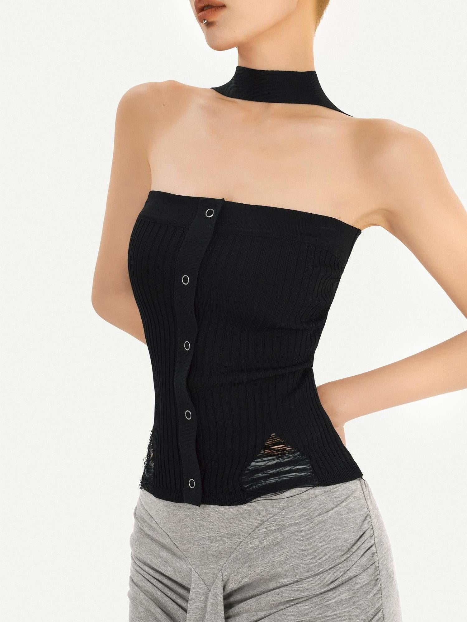 Nico Molly Black Halter Neck Slim Fitted Women's Knit Tube Tops / Bandeaus
