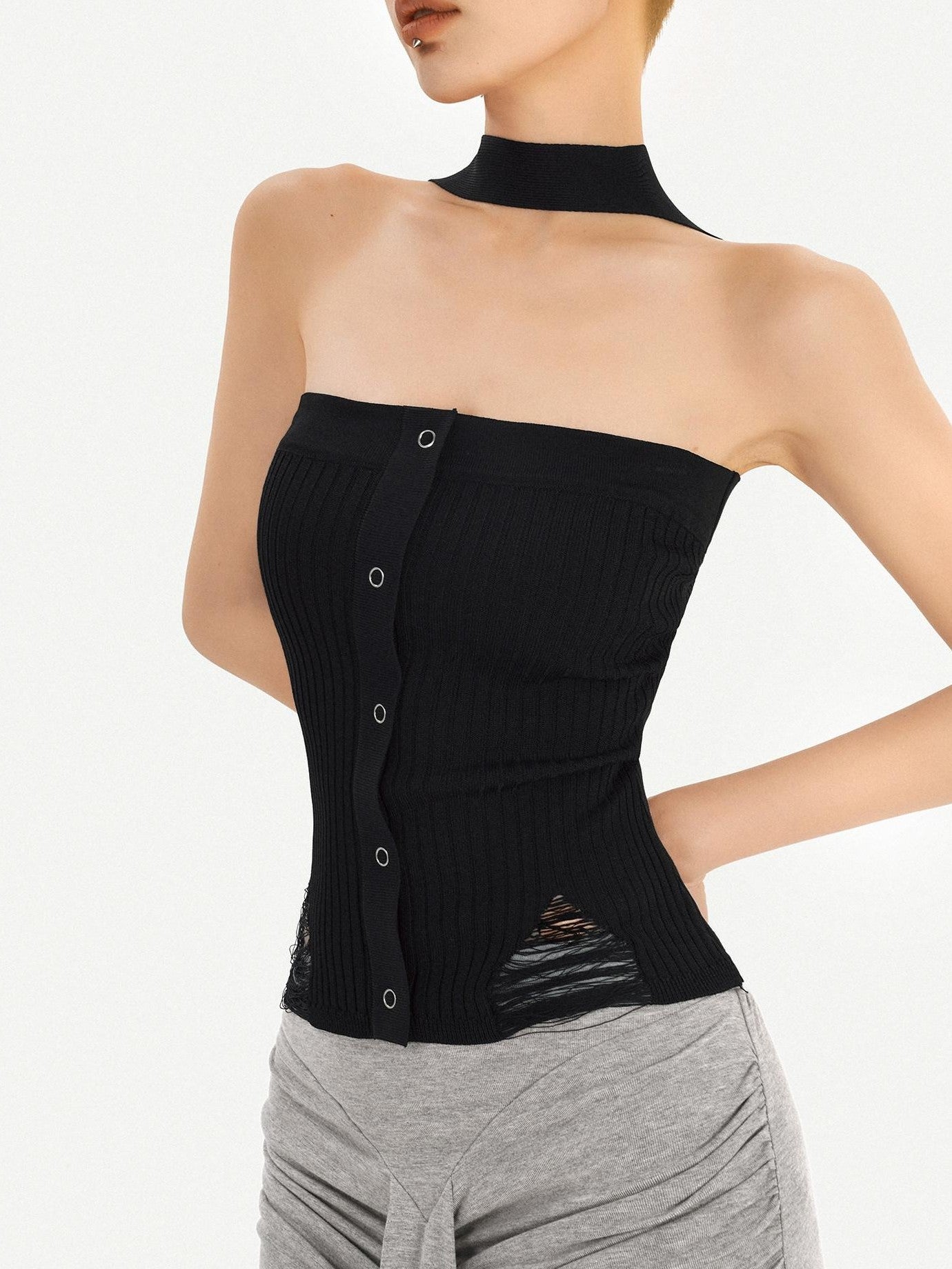 Nico Molly Black Halter Neck Slim Fitted Women's Knit Tube Tops / Bandeaus