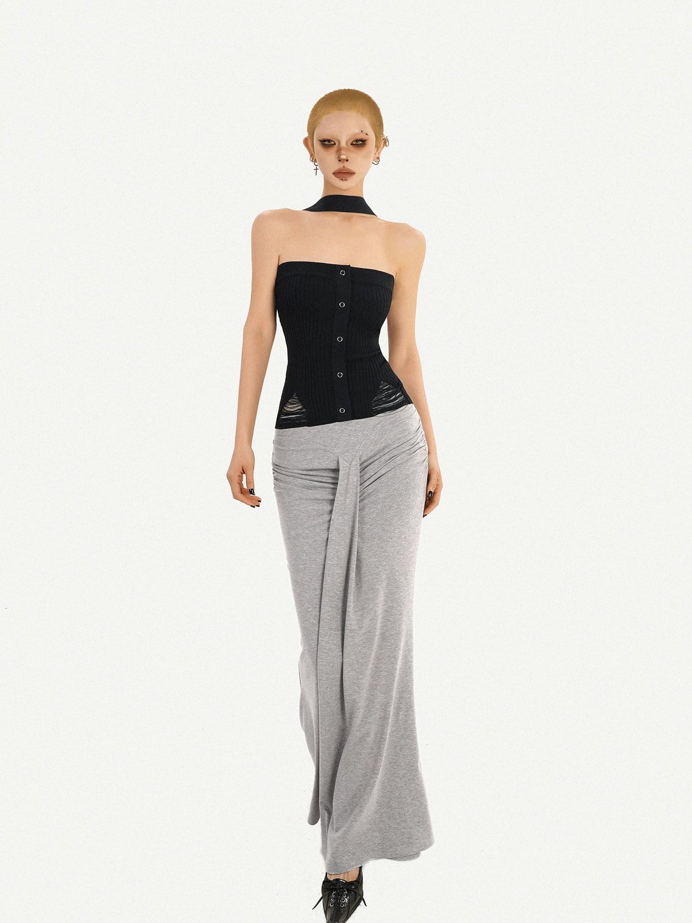 Nico Molly Black Halter Neck Slim Fitted Women's Knit Tube Tops / Bandeaus