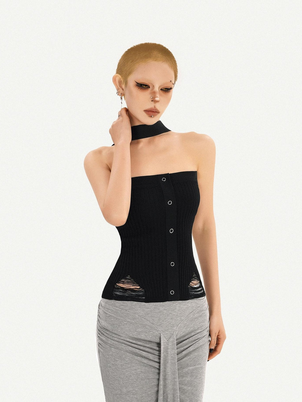 Nico Molly Black Halter Neck Slim Fitted Women's Knit Tube Tops / Bandeaus