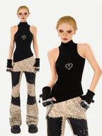 Nico Molly Black Indie Vintage High Neck Slim Fit Sleeveless Women's Tank Tops