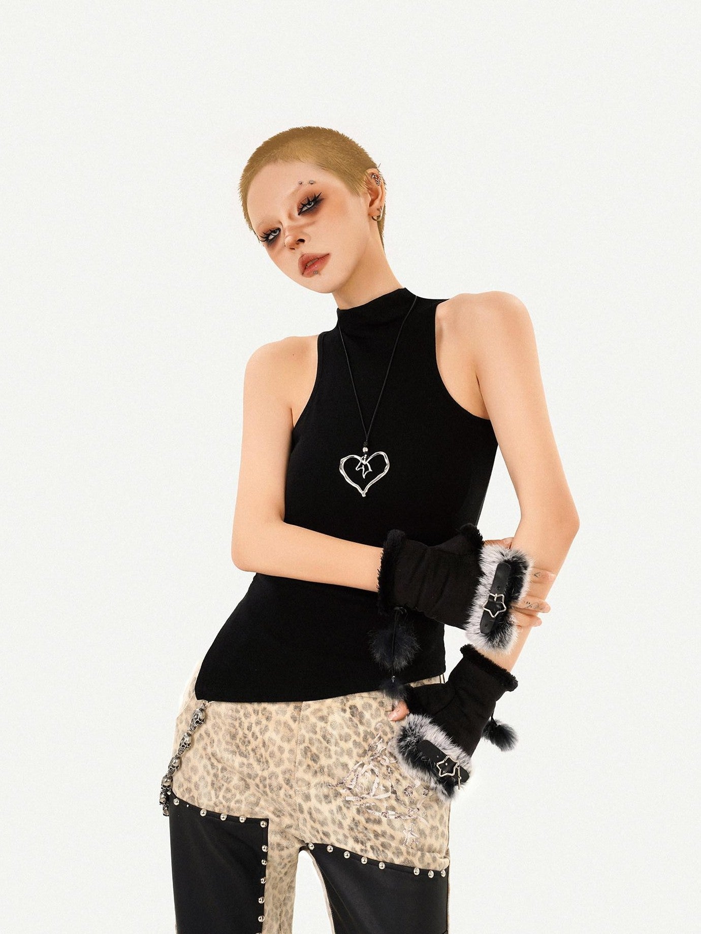 Nico Molly Black Indie Vintage High Neck Slim Fit Sleeveless Women's Tank Tops
