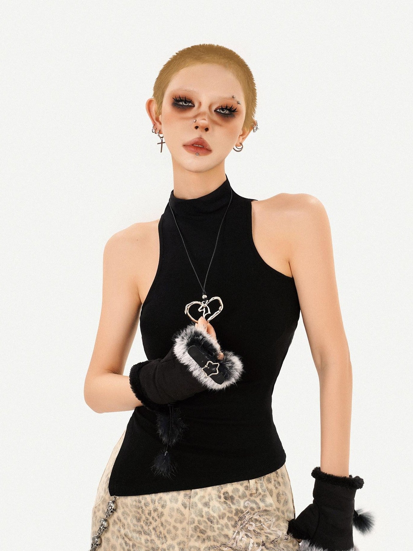 Nico Molly Black Indie Vintage High Neck Slim Fit Sleeveless Women's Tank Tops
