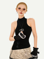 Nico Molly Black Indie Vintage High Neck Slim Fit Sleeveless Women's Tank Tops