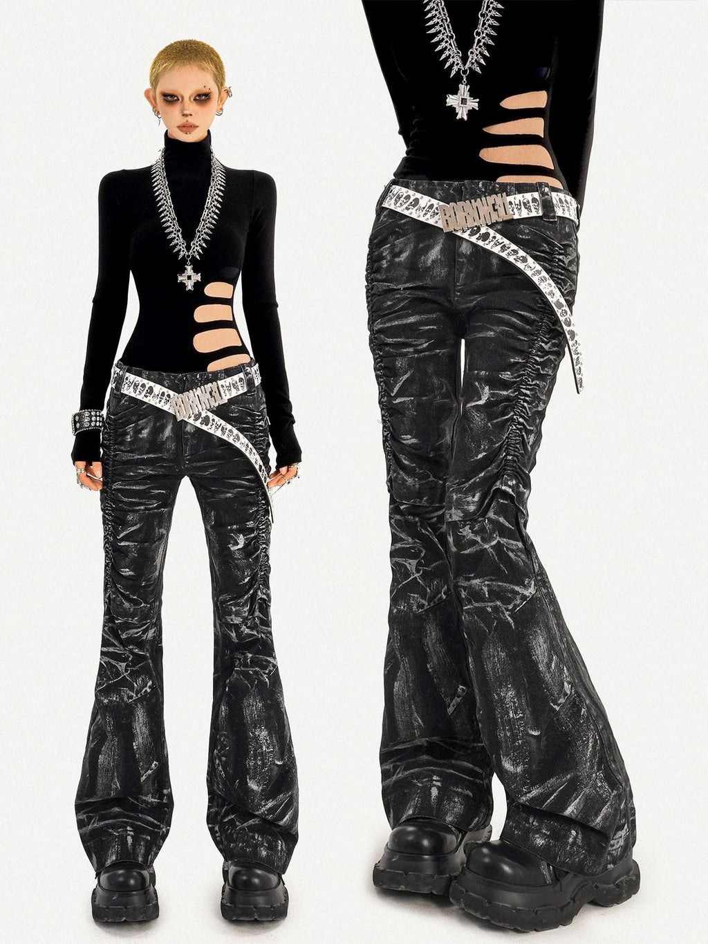Nico Molly Black Lightning Deconstructed Punk Pleated Textured Women's Denim Flare Jeans