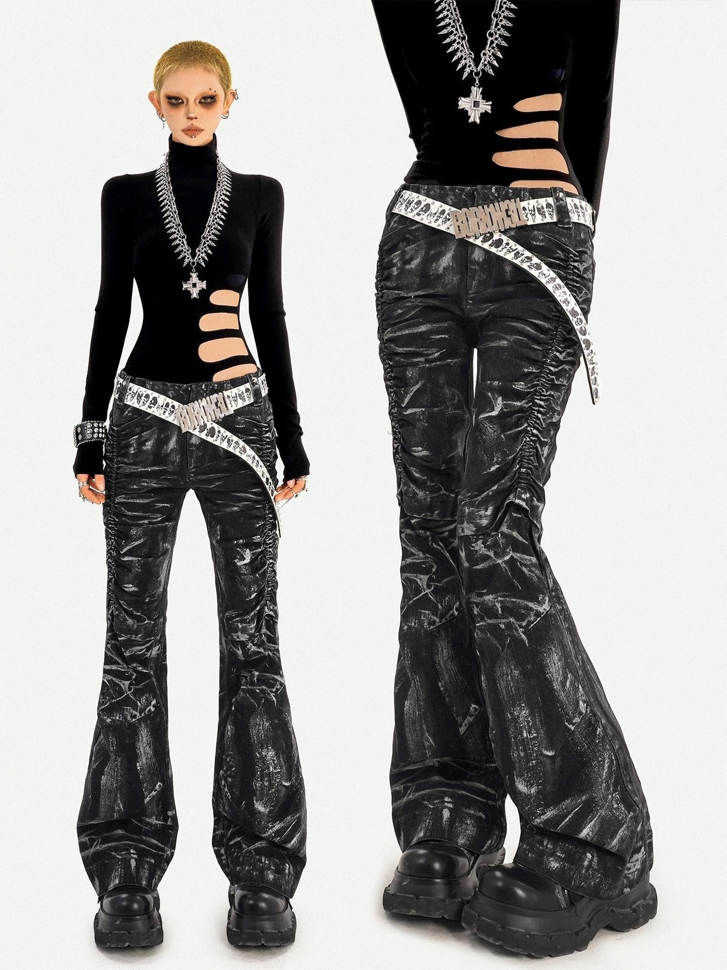 Nico Molly Black Lightning Deconstructed Punk Pleated Textured Women's Denim Flare Jeans