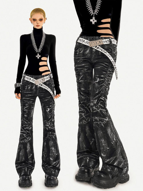 Nico Molly Black Lightning Deconstructed Punk Pleated Textured Women's Denim Flare Jeans