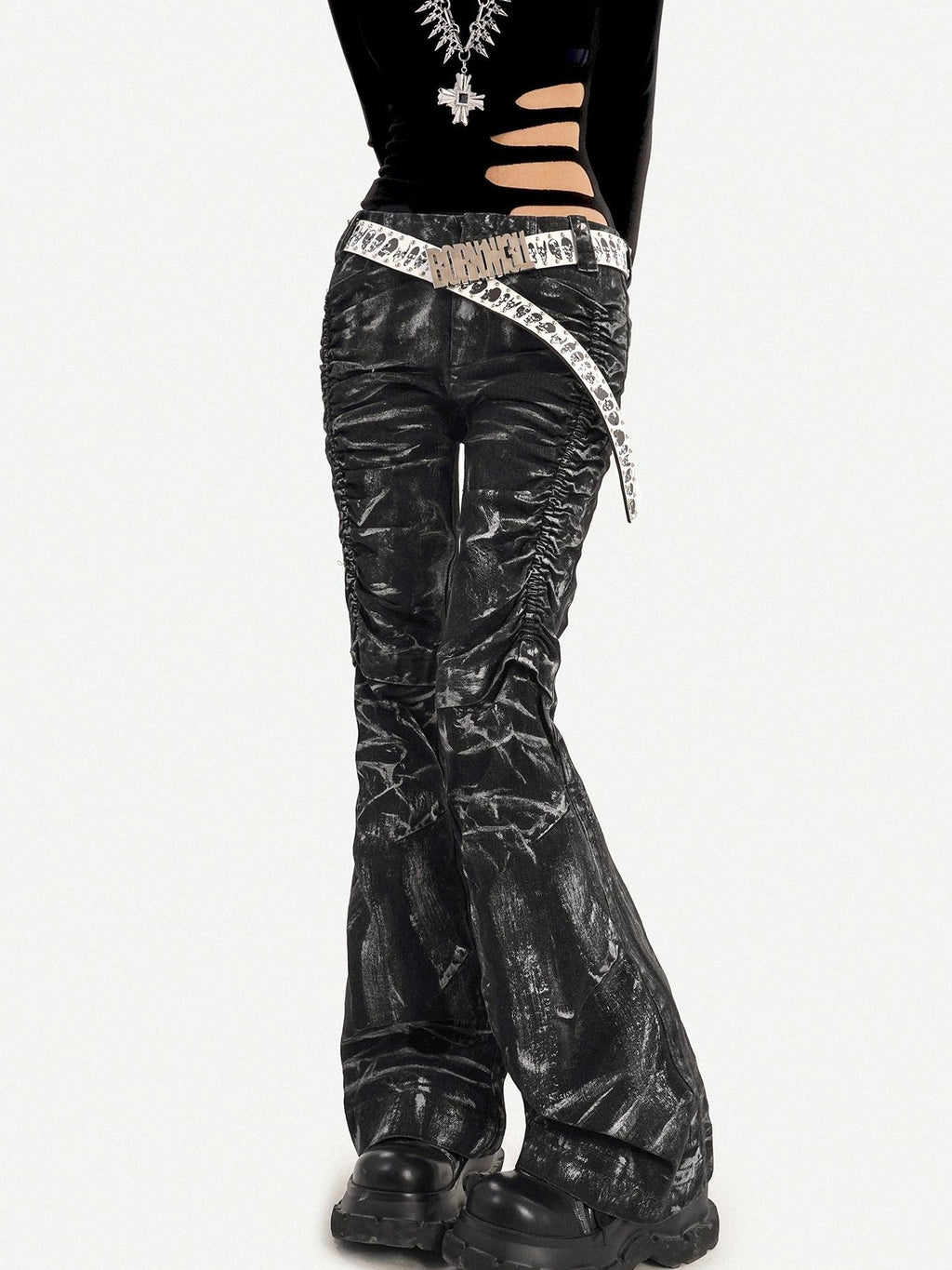 Nico Molly Black Lightning Deconstructed Punk Pleated Textured Women's Denim Flare Jeans