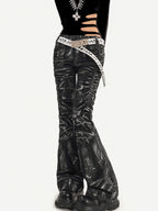 Nico Molly Black Lightning Deconstructed Punk Pleated Textured Women's Denim Flare Jeans