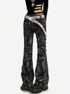 Nico Molly Black Lightning Deconstructed Punk Pleated Textured Women's Denim Flare Jeans