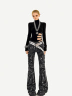 Nico Molly Black Lightning Deconstructed Punk Pleated Textured Women's Denim Flare Jeans