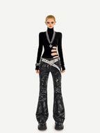 Nico Molly Black Lightning Deconstructed Punk Pleated Textured Women's Denim Flare Jeans
