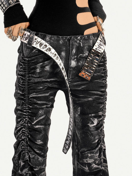 Nico Molly Black Lightning Deconstructed Punk Pleated Textured Women's Denim Flare Jeans
