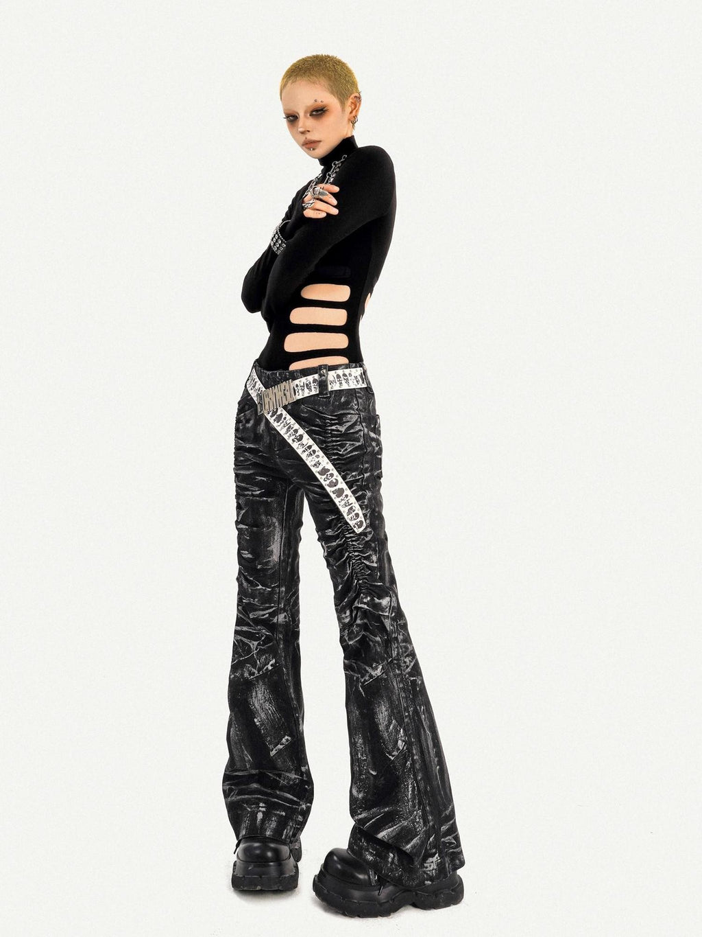 Nico Molly Black Lightning Deconstructed Punk Pleated Textured Women's Denim Flare Jeans