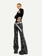 Nico Molly Black Lightning Deconstructed Punk Pleated Textured Women's Denim Flare Jeans