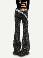 Nico Molly Black Lightning Deconstructed Punk Pleated Textured Women's Denim Flare Jeans