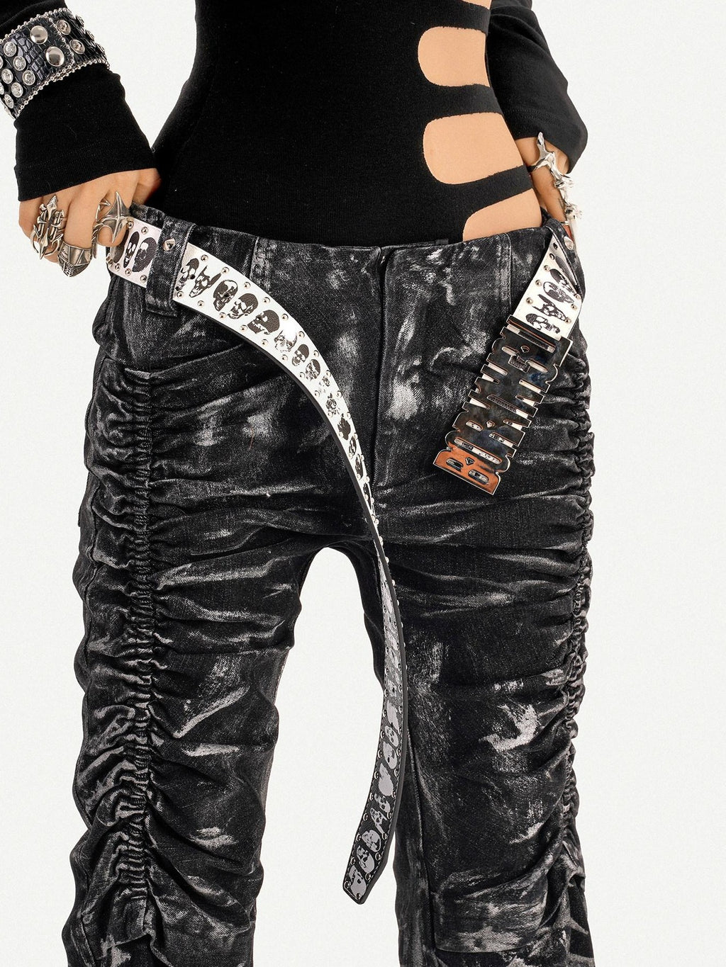 Nico Molly Black Lightning Deconstructed Punk Pleated Textured Women's Denim Flare Jeans