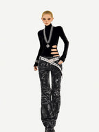 Nico Molly Black Lightning Deconstructed Punk Pleated Textured Women's Denim Flare Jeans