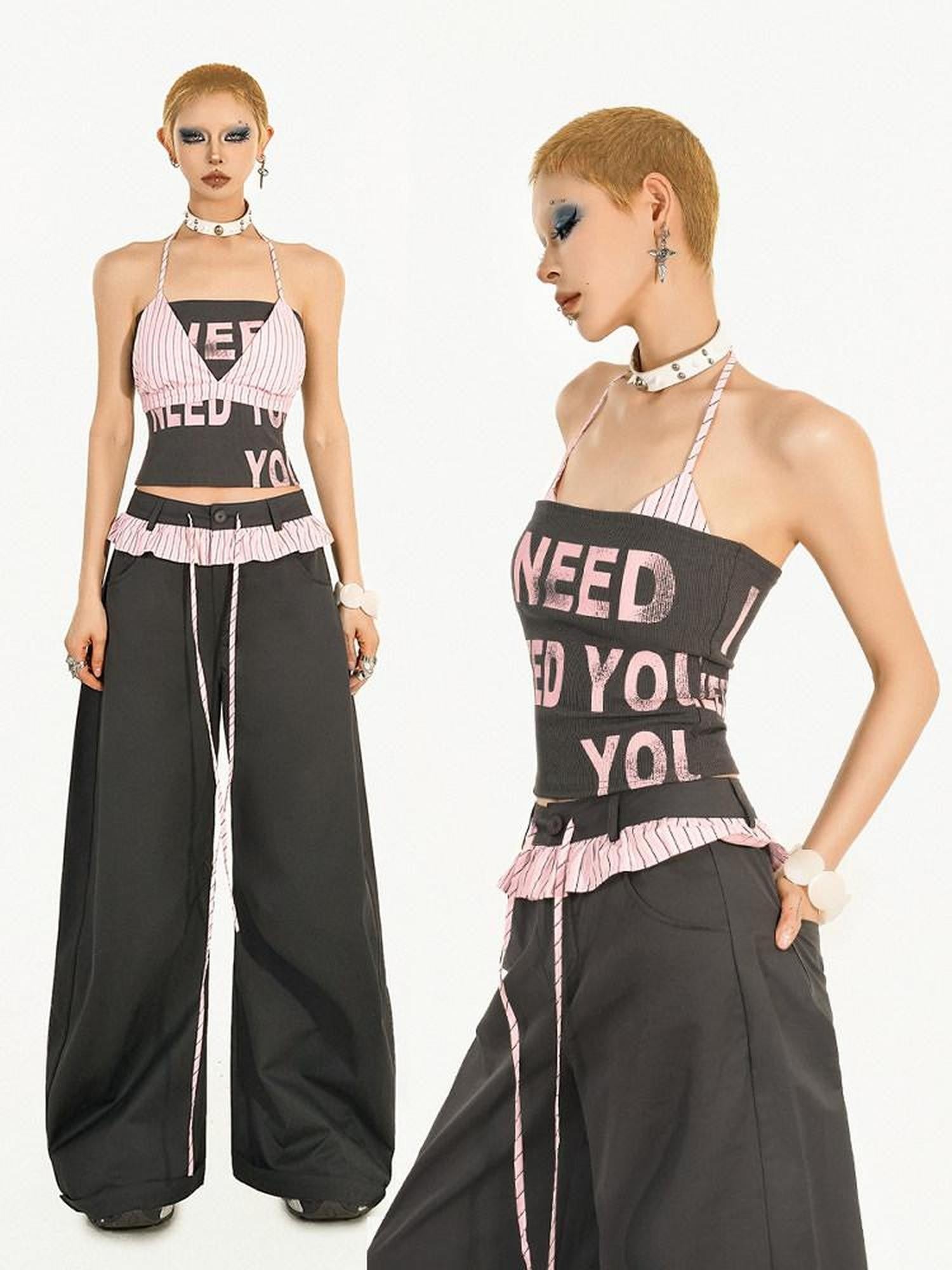 Nico Molly Black Pink Letter Print Halter Crop Women's Cotton Blend Top & Pants Sets