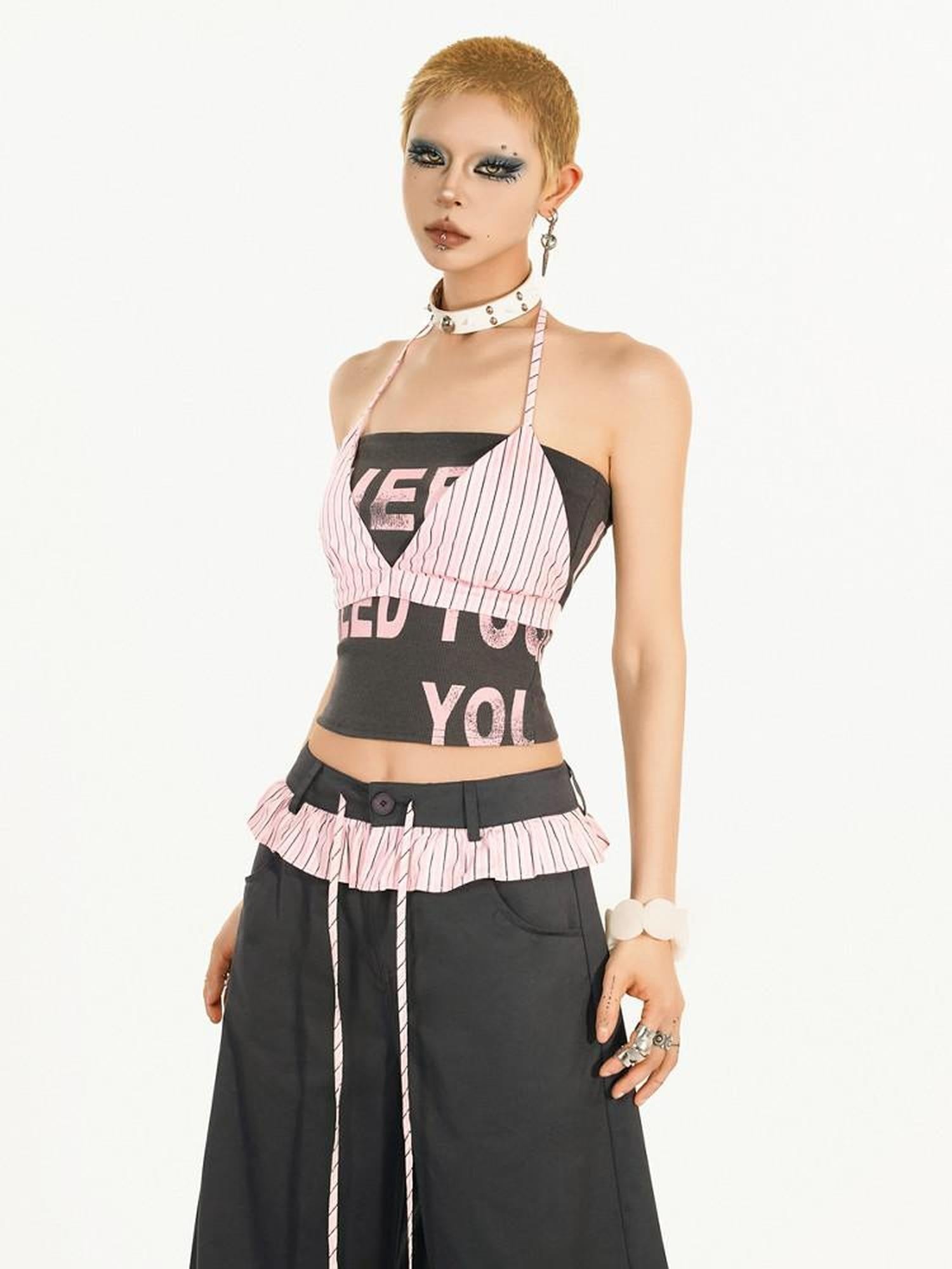 Nico Molly Black Pink Letter Print Halter Crop Women's Cotton Blend Top & Pants Sets