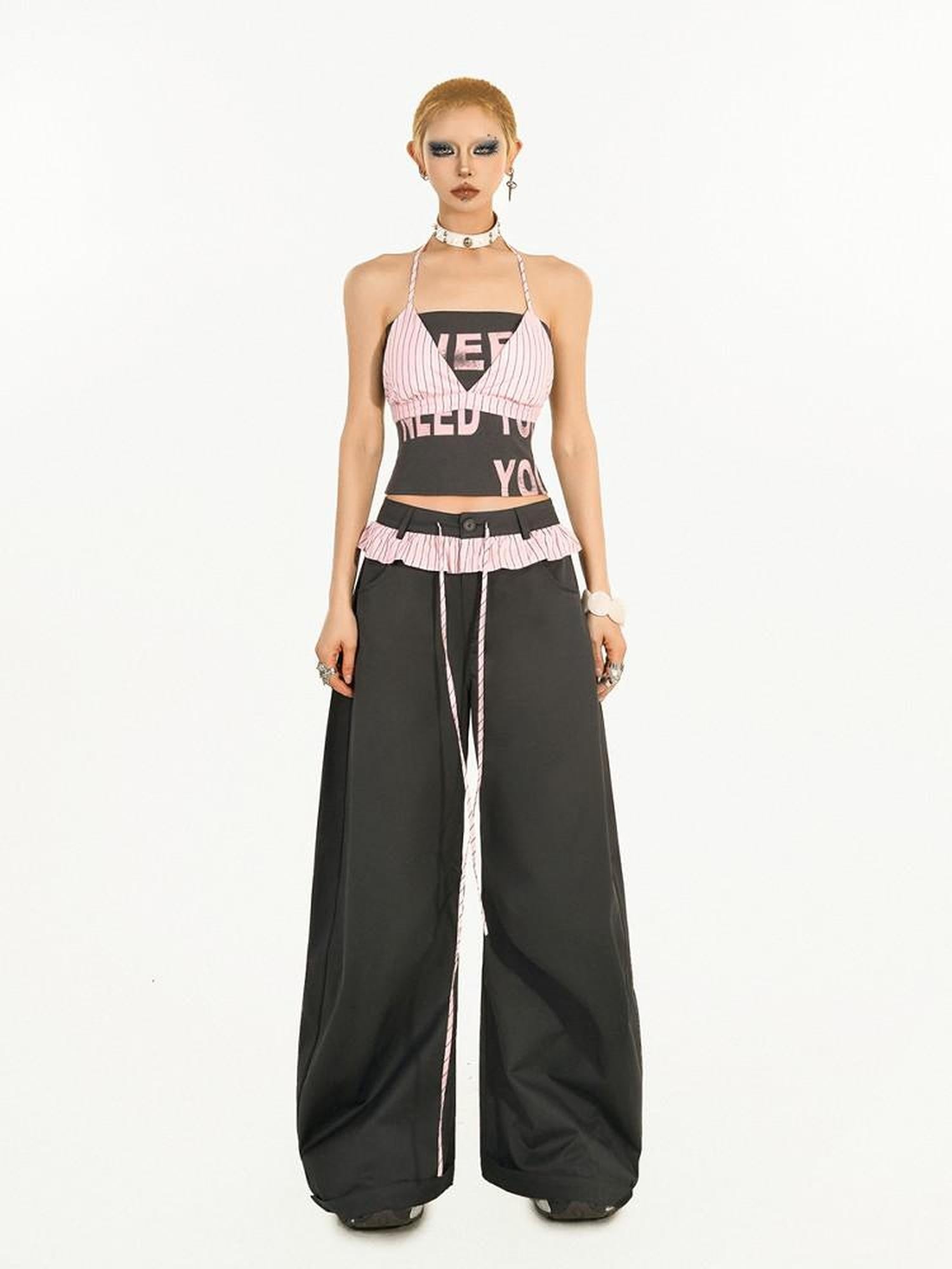 Nico Molly Black Pink Letter Print Halter Crop Women's Cotton Blend Top & Pants Sets