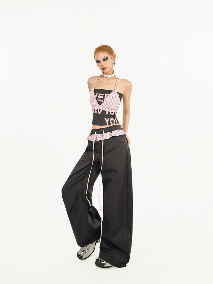 Nico Molly Black Pink Letter Print Halter Crop Women's Cotton Blend Top & Pants Sets
