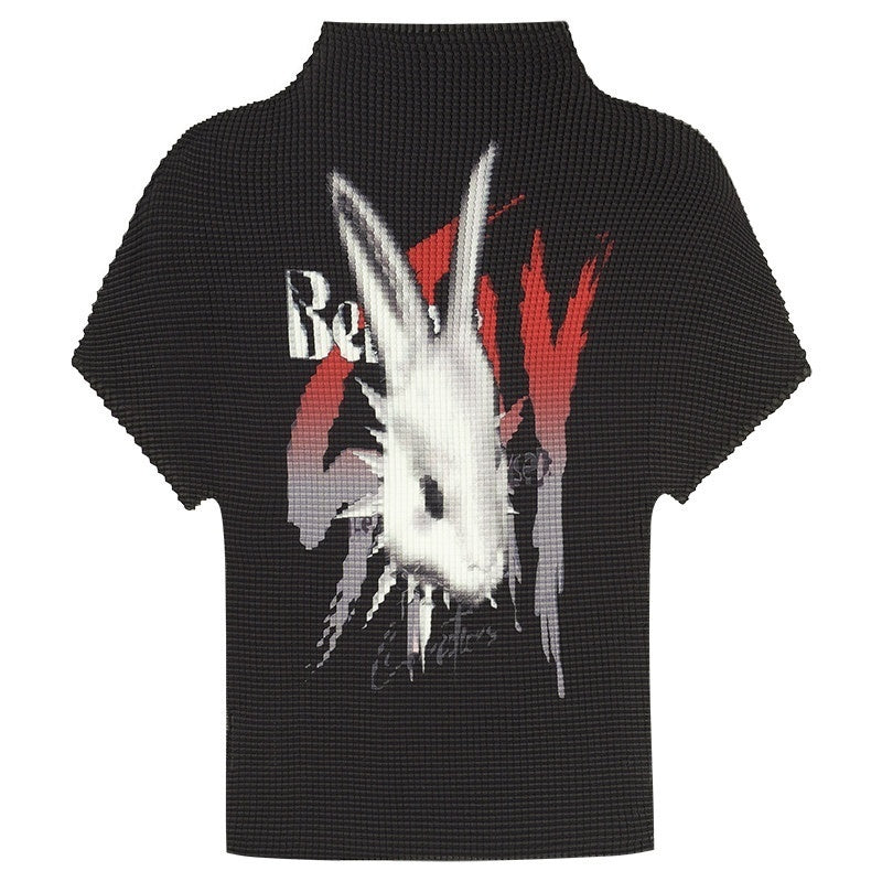 Nico_Molly_Black_Pleated_Cartoon_Print_Mock_Neck_Slim_Women's_Short_Sleeve_T-shirts_1048096187293_MISSTT