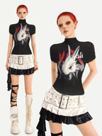 Nico Molly Black Pleated Cartoon Print Mock Neck Slim Women's Short Sleeve T-shirts
