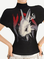 Nico Molly Black Pleated Cartoon Print Mock Neck Slim Women's Short Sleeve T-shirts